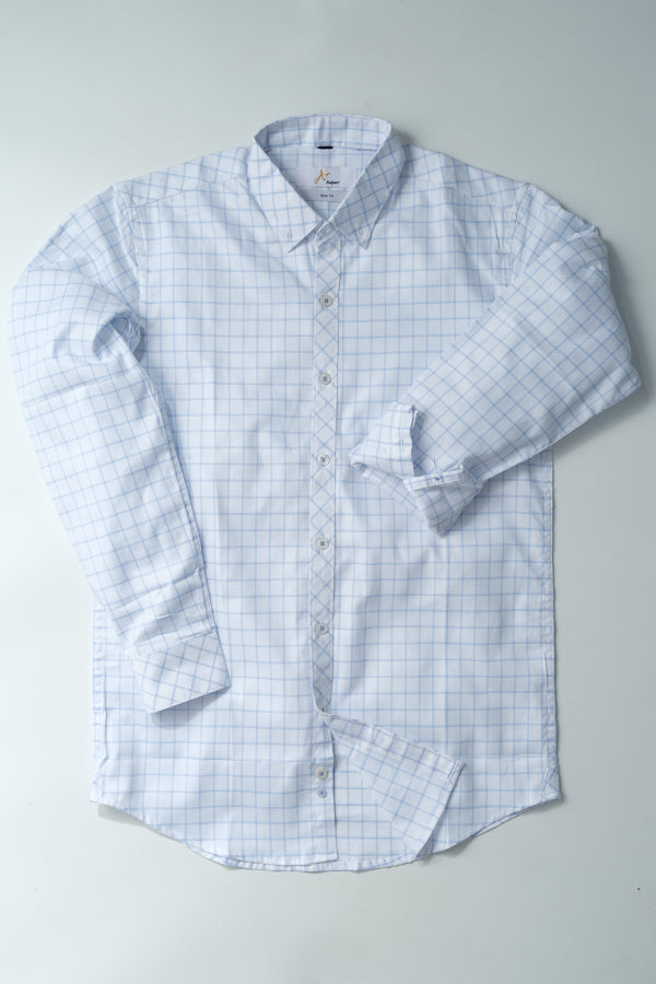 White Casual Shirt with Light Blue Grid Checks - Aruba+ Super  Smart Fit