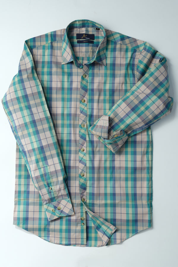 Grey Turquoise Blue Plaids Casual Shirt - Aruba+ Super  Smart Fit