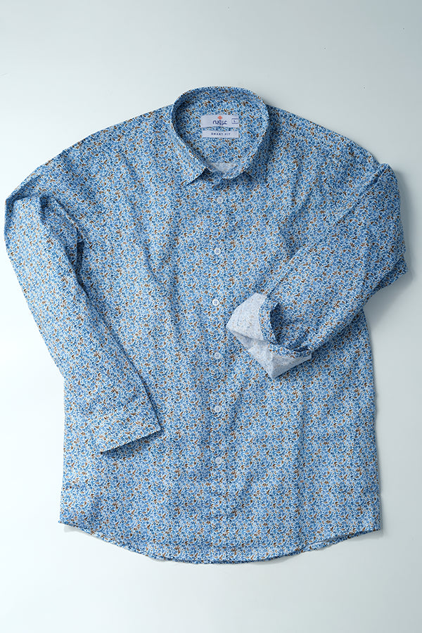 Blue Leaf Printed Pattern Casual Shirt - Aruba+ Super Smart Fit