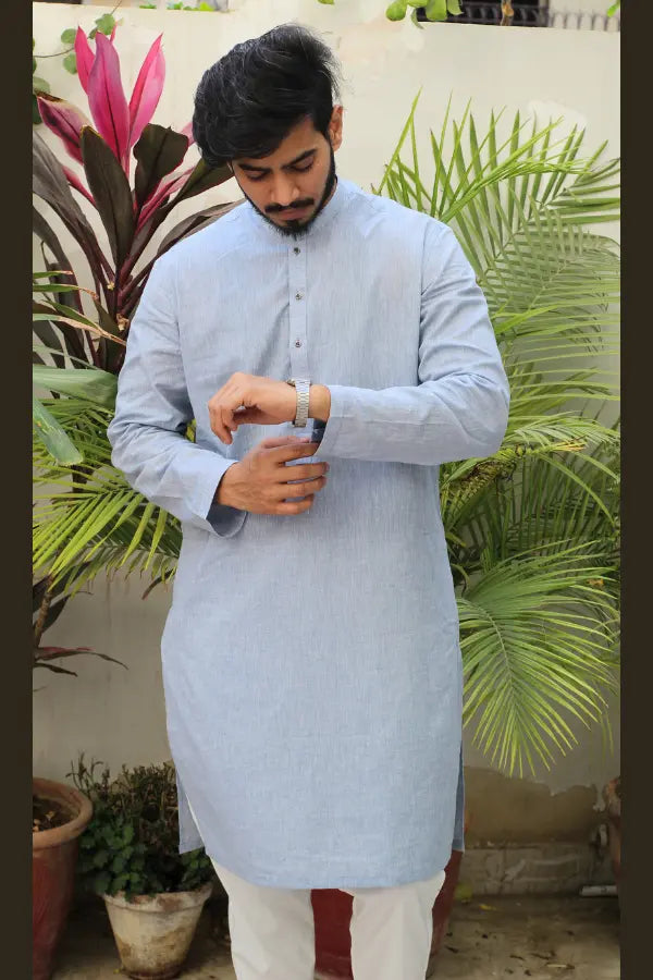 Sky Blue Self Linen Kurta For Men's