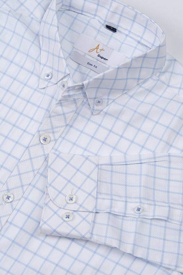 White Casual Shirt with Light Blue Grid Checks - Aruba+ Super  Smart Fit