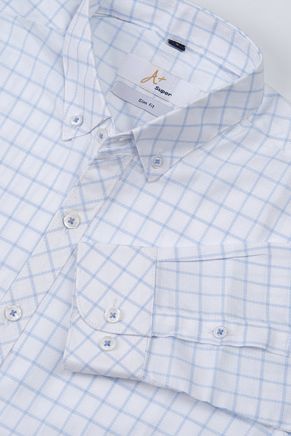 White Casual Shirt with Light Blue Grid Checks - Aruba+ Super  Smart Fit