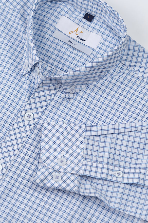 Blue White Grid Check Casual Shirt - Aruba+ Super  Smart Fit