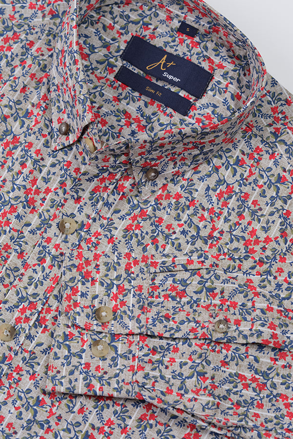 Red Over Grey Floral Printed Casual Shirt - Aruba+ Super  Smart Fit