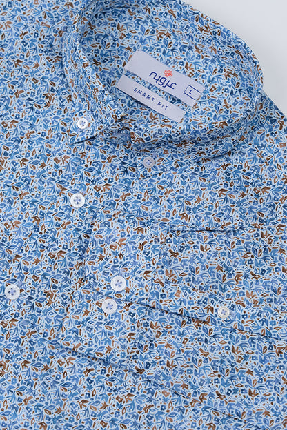 Blue Leaf Printed Pattern Casual Shirt - Aruba+ Super Smart Fit