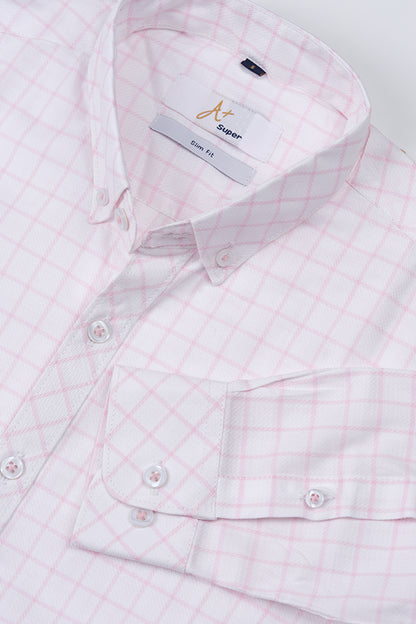 White Casual Shirt with Light Pink Grid Checks - Aruba+ Super  Smart Fit