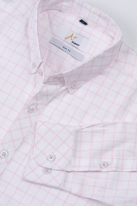 White Casual Shirt with Light Pink Grid Checks - Aruba+ Super  Smart Fit