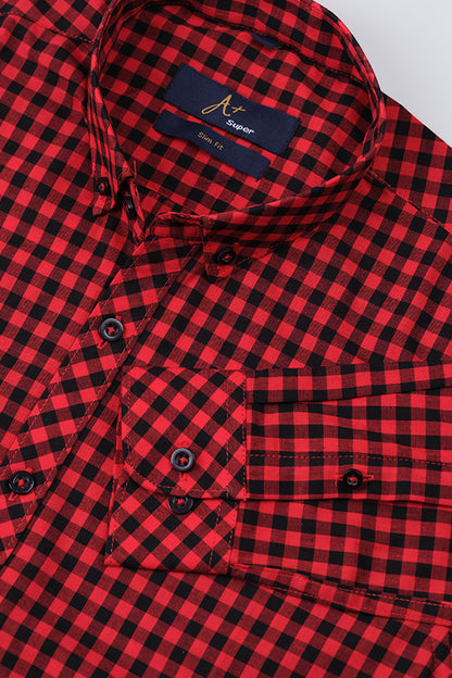 Gingham Red Black Check Casual Shirt - Aruba+ Super  Smart Fit