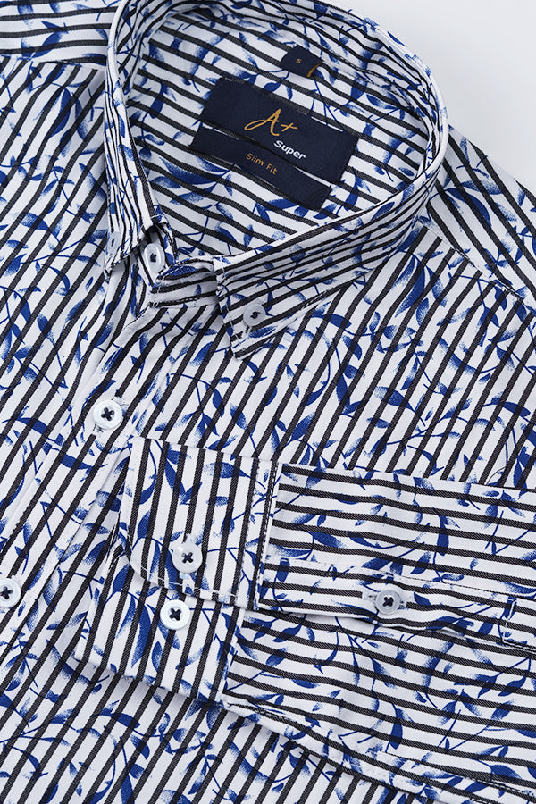 Blue Stripe Leaf Printed Pattern Casual Shirt - Aruba+ Super  Smart Fit