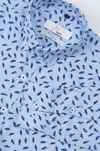 Blue Leaf Pattern Casual Shirt - Aruba+ Super  Smart Fit
