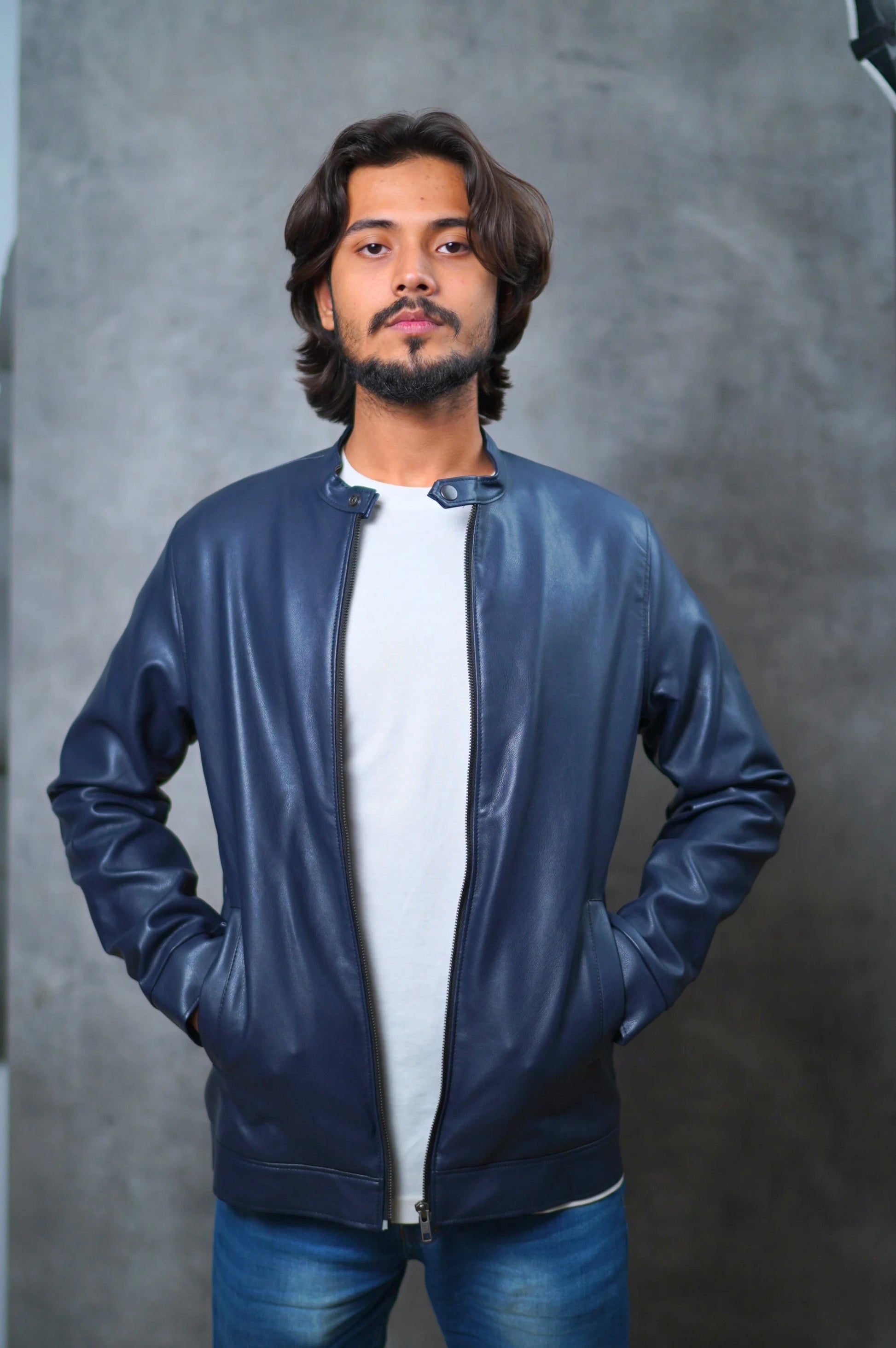 Men s Blue Faux Leather Jacket Aruba Fashion Wear