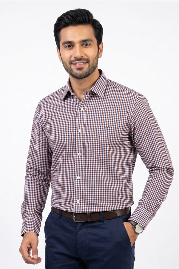 Burgundy Navy and White Micro Plaid Checkered Formal Shirt | Regular Fit