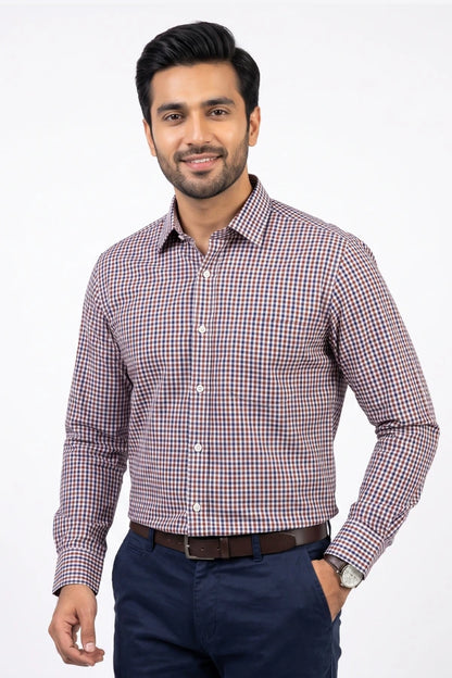 Burgundy Navy and White Micro Plaid Checkered Formal Shirt | Regular Fit