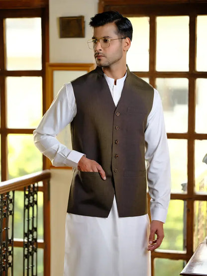 Men's Brown Self V-Neck Waist coat - Aruba