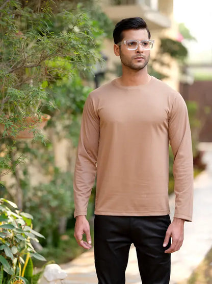 Beige Round Neck Full Sleeve T-Shirt