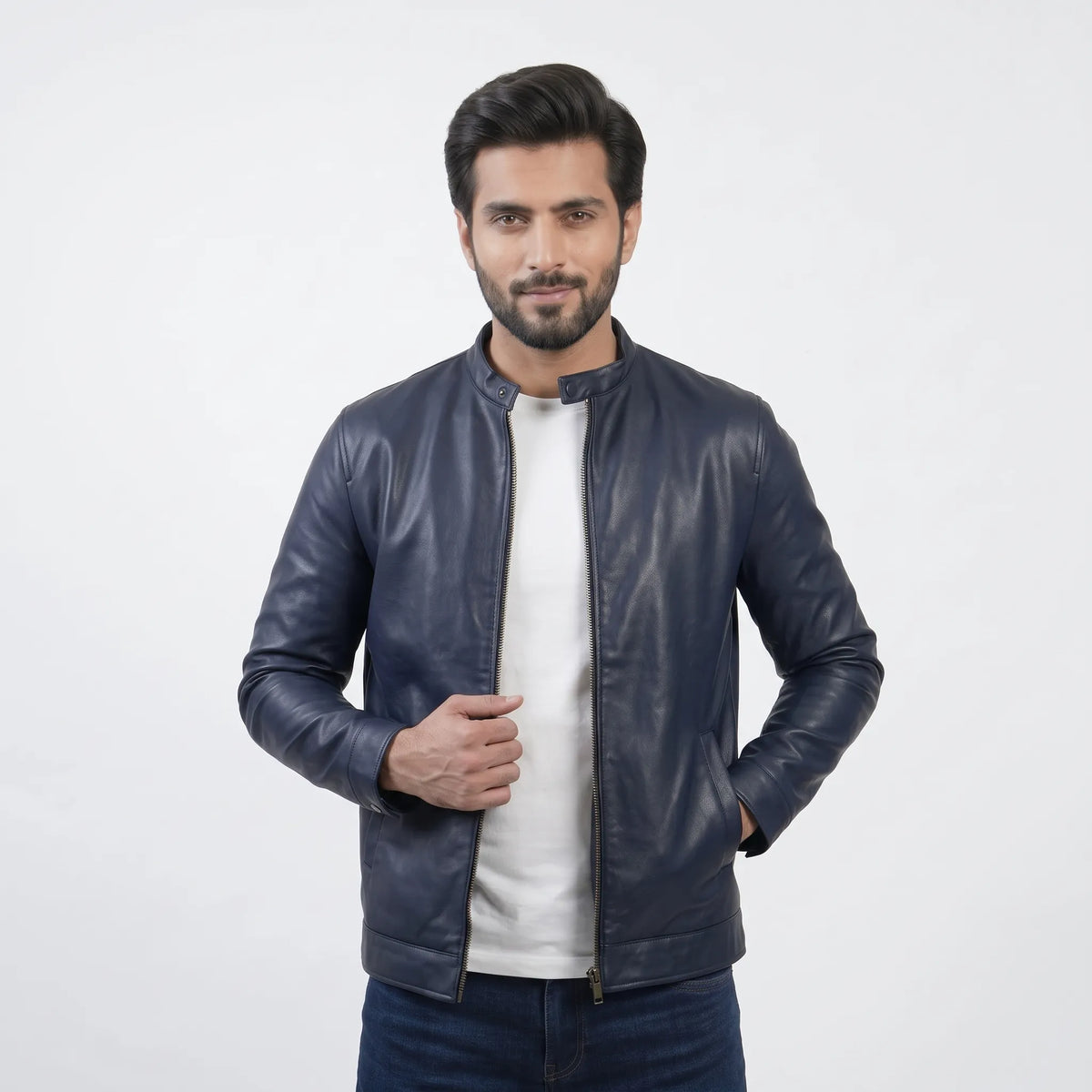 Men's Blue Faux Leather Jacket Aruba Fashion Wear