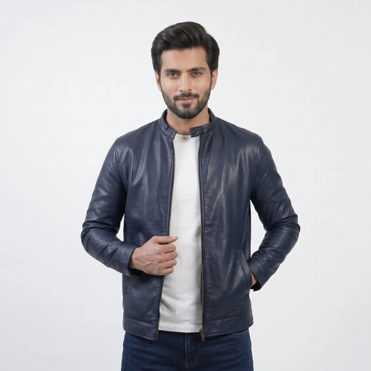 Men's Blue Faux Leather Jacket Aruba Fashion Wear