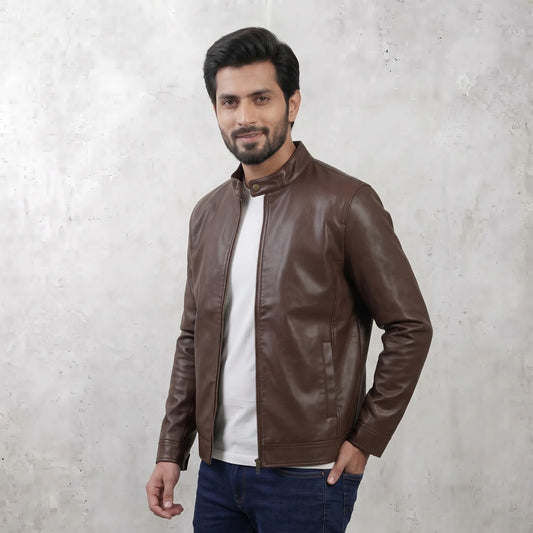 Men's Brown Faux Leather Jacket Aruba Fashion Wear