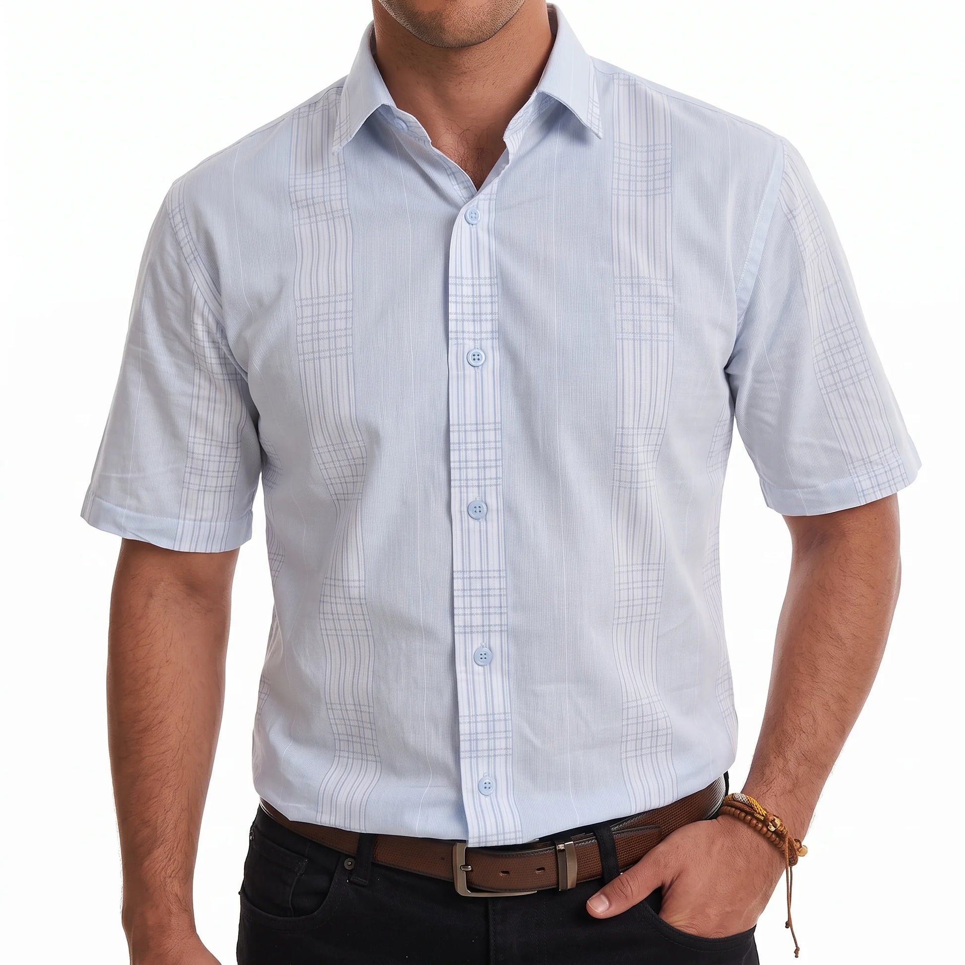 Sky Blue checkered Half Sleeve Shirt For Men's Aruba Fashion Wear