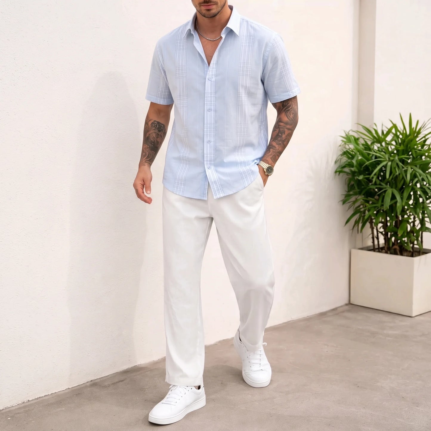 Sky Blue checkered Half Sleeve Shirt For Men's Aruba Fashion Wear