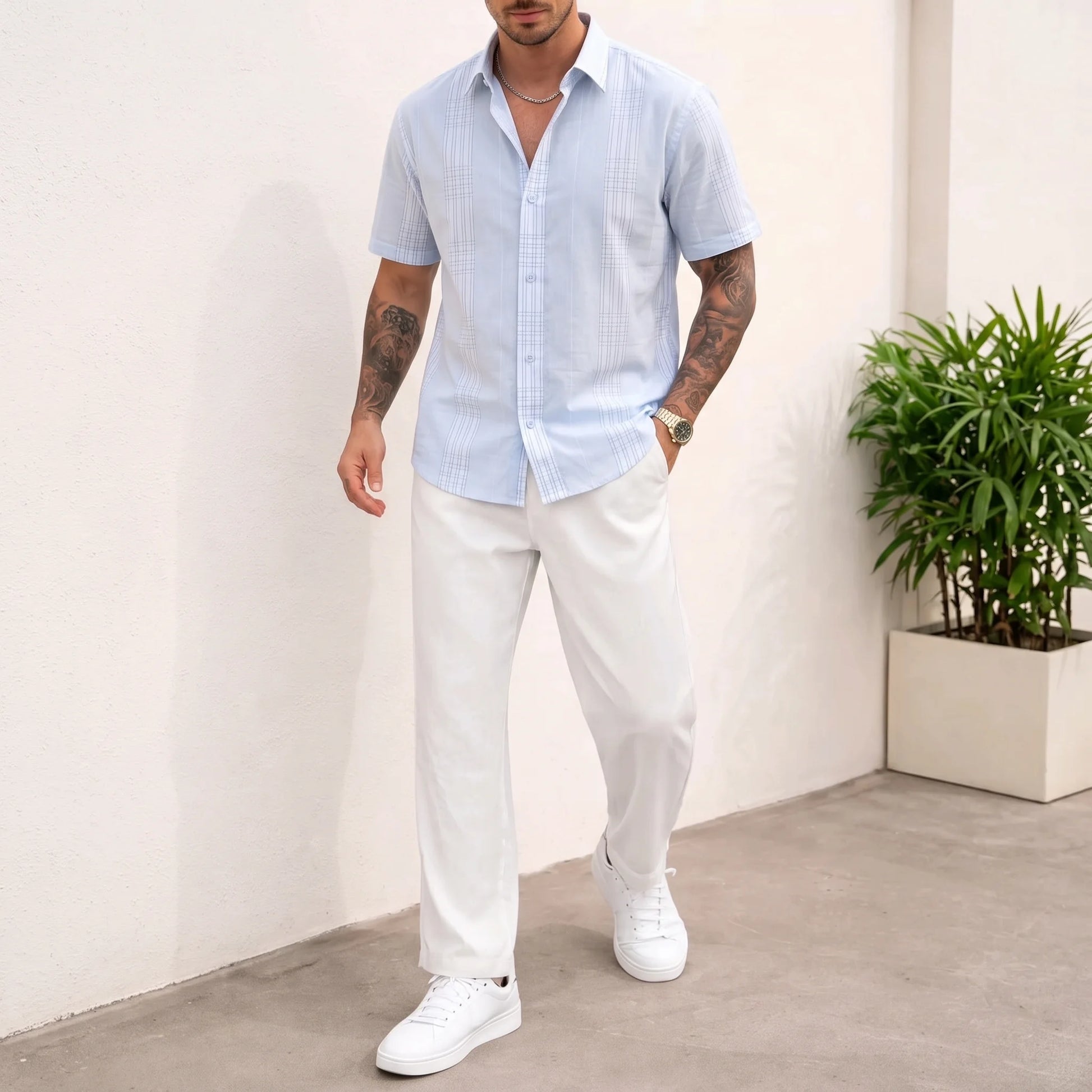 Sky Blue checkered Half Sleeve Shirt For Men's Aruba Fashion Wear