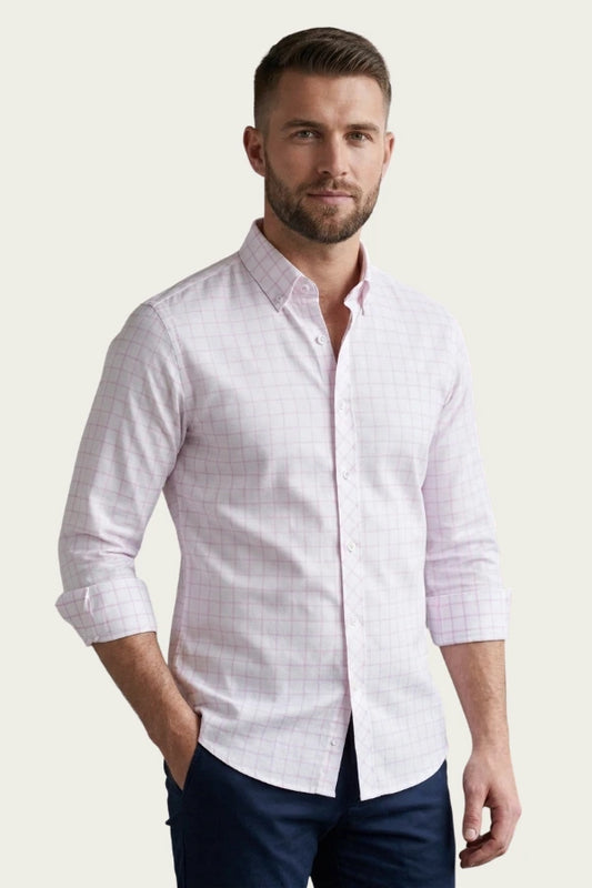 White Light Pink Grid Check Casual Shirt for Men – Smart Fit