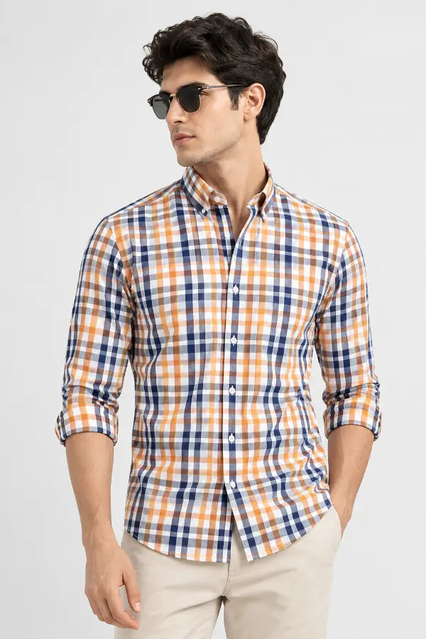 Men's Navy Blue & Orange Check Shirt