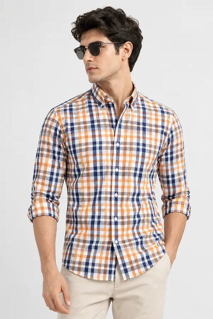 Men's Navy Blue & Orange Check Shirt