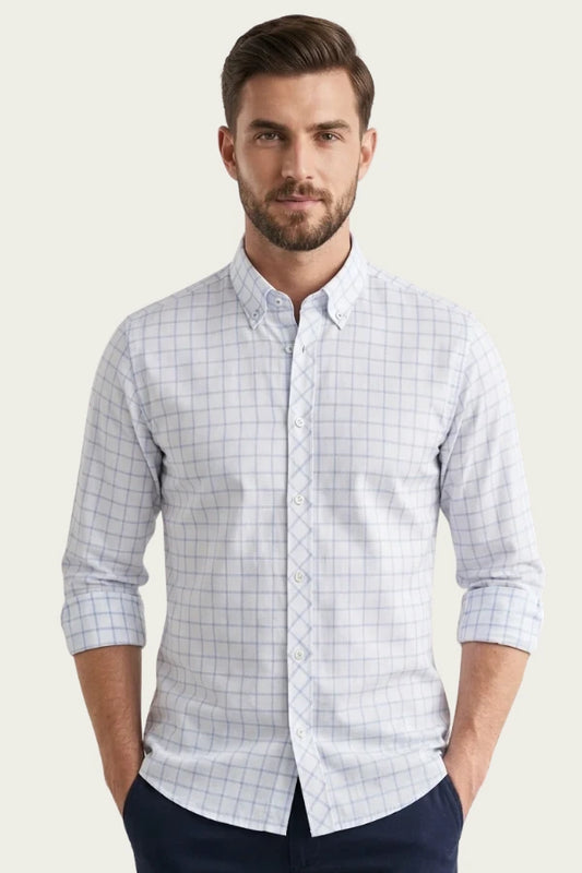 White Light Blue Grid Check Casual Shirt for Men – Smart Fit