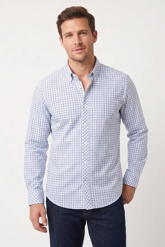 Blue & White Grid Check Casual Shirt for Men – Smart Fit